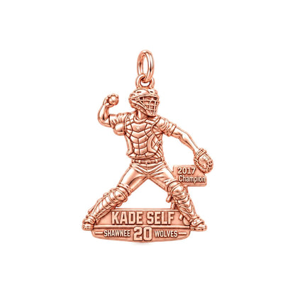Baseball Catcher Victory Charm Bracelet – Personalized Athlete Gift – rose gold 2 cm charm, front view