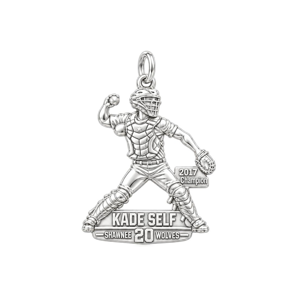 Baseball Catcher Victory Charm Bracelet – Personalized Athlete Gift – silver plated 2 cm charm, front view