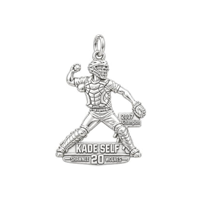 Baseball Catcher Victory Charm Bracelet – Personalized Athlete Gift – silver plated 2 cm charm, front view