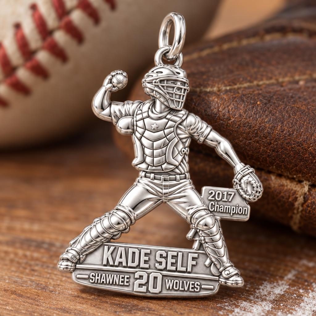 Baseball Catcher Victory Charm Bracelet – Personalized Athlete Gift – macro detail of the charm