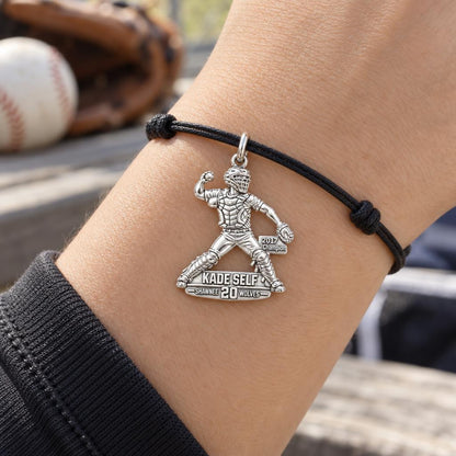 Baseball Catcher Victory Charm Bracelet – Personalized Athlete Gift – worn on the wrist on a black cord bracelet