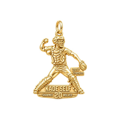 Baseball Catcher Victory Charm Bracelet – Personalized Athlete Gift – 18K gold plated 2 cm charm, front view