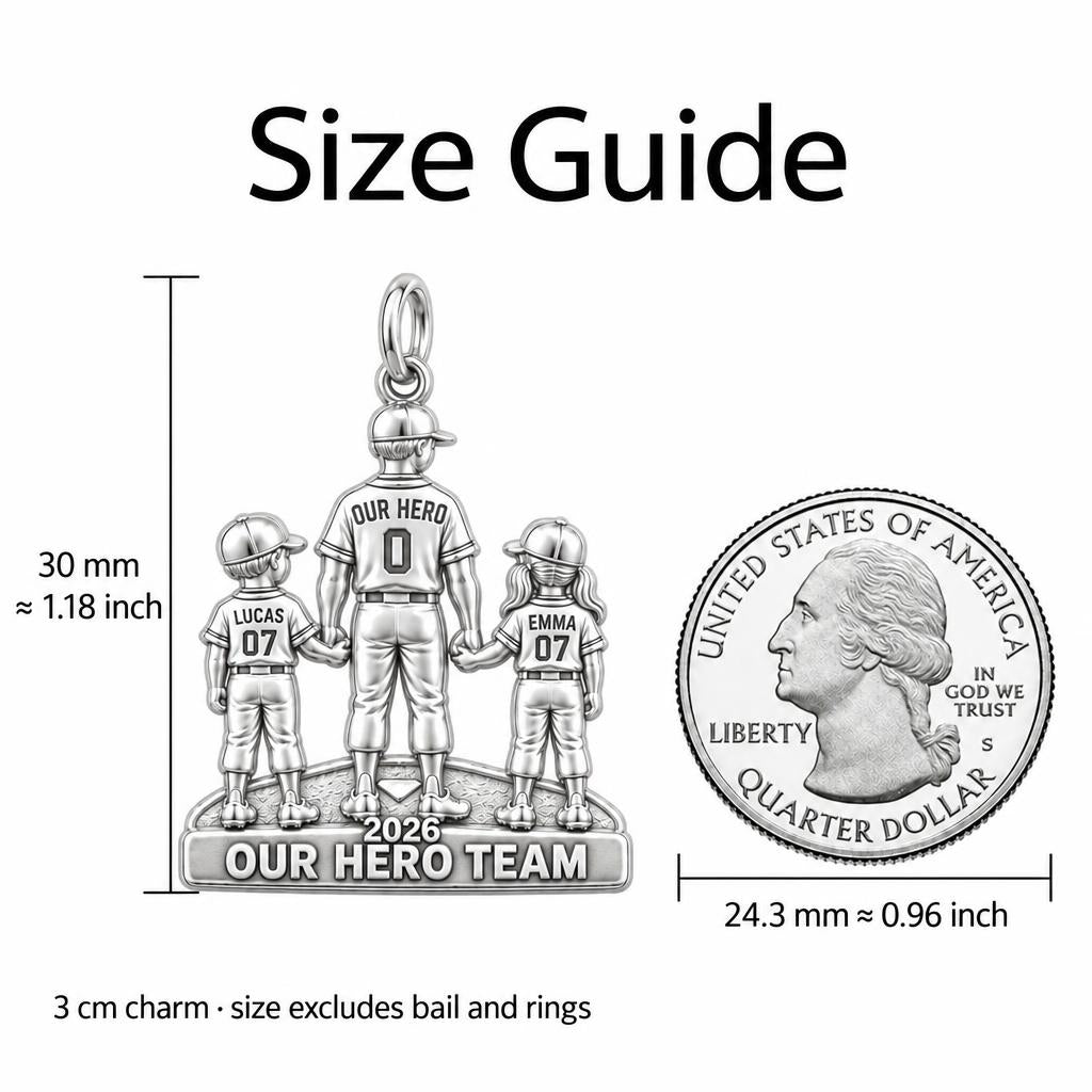 Baseball Dream Team Charm Bracelet – Personalized Dad Gift – size guide, 3 cm charm next to a quarter