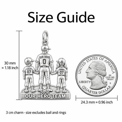 Baseball Dream Team Charm Bracelet – Personalized Dad Gift – size guide, 3 cm charm next to a quarter
