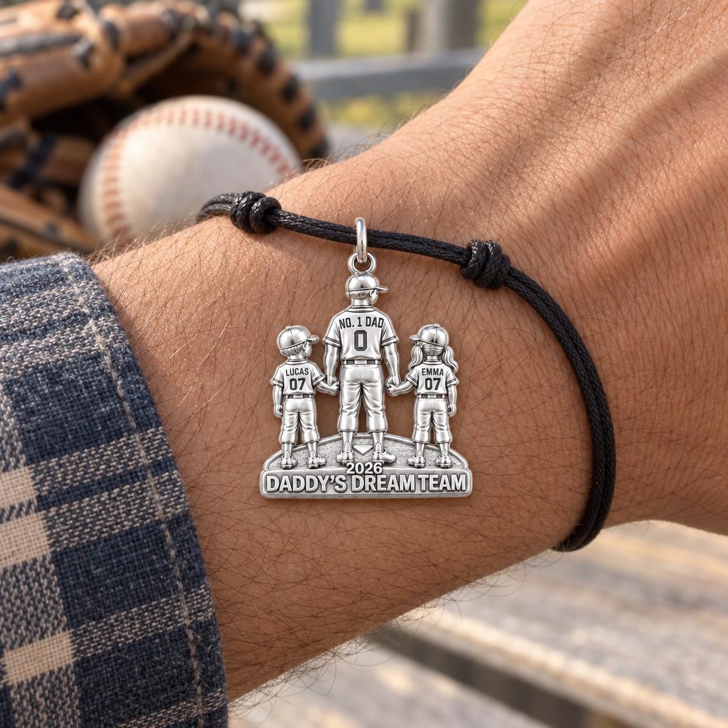 Baseball Dream Team Charm Bracelet – Personalized Dad Gift – worn on the wrist on a black cord bracelet