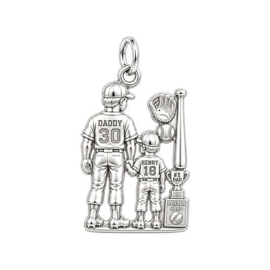 Baseball Father and Son Charm Bracelet – Personalized Dad Gift – silver charm, front view