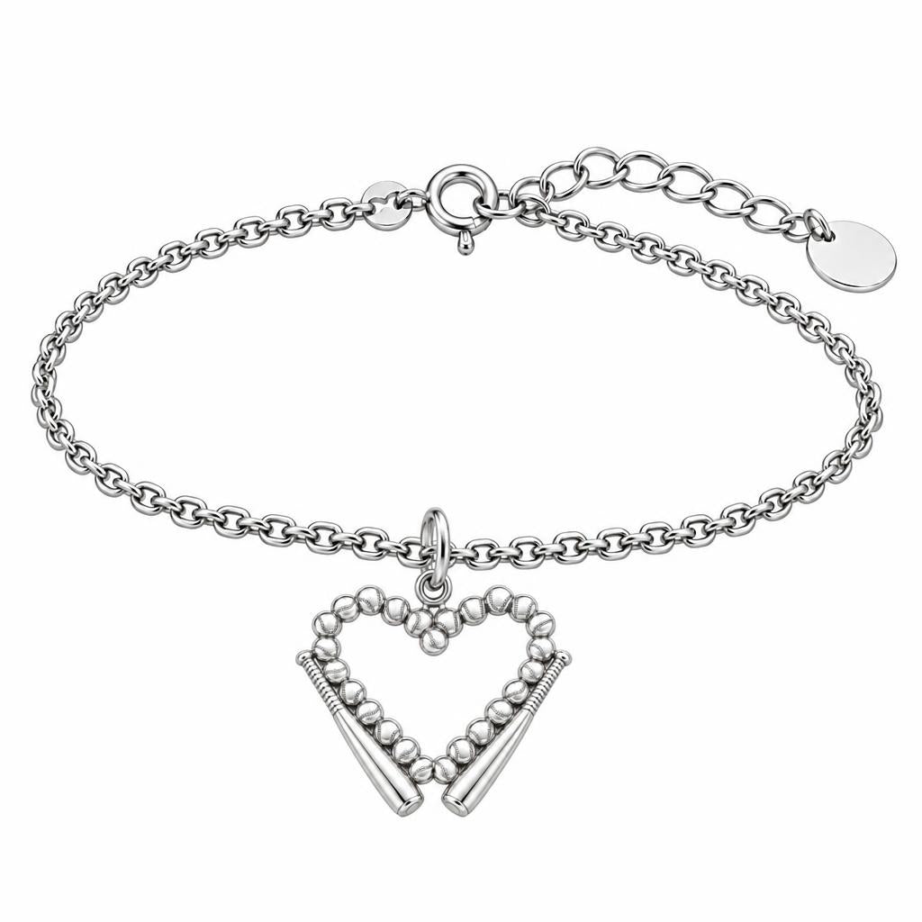 Baseball Heart and Bats Charm Bracelet Set – silver, front view