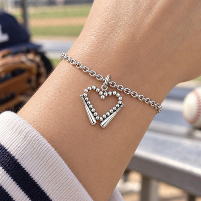 Baseball Heart and Bats Charm Bracelet Set – worn / in use