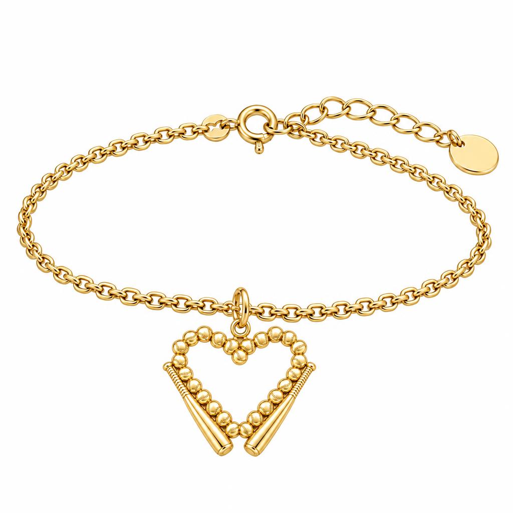 Baseball Heart and Bats Charm Bracelet Set – 18K gold, front view