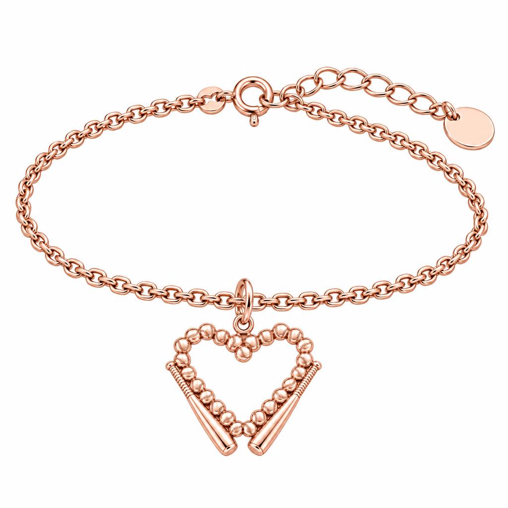Baseball Heart and Bats Charm Bracelet Set – rose gold, front view