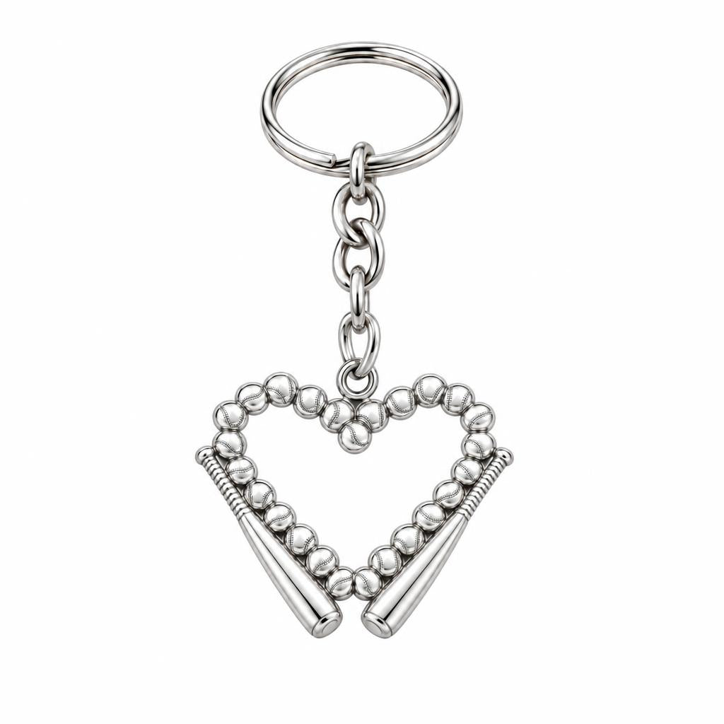 Baseball Heart and Bats Charm Keychain – silver, front view