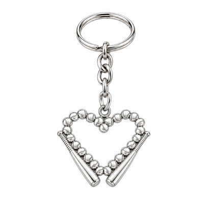 Baseball Heart and Bats Charm Keychain – silver, front view