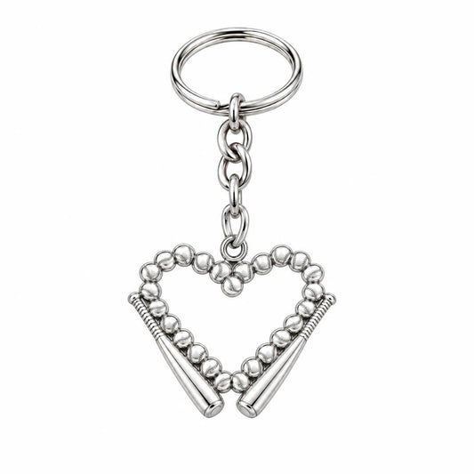 Baseball Heart and Bats Charm Keychain – silver, front view