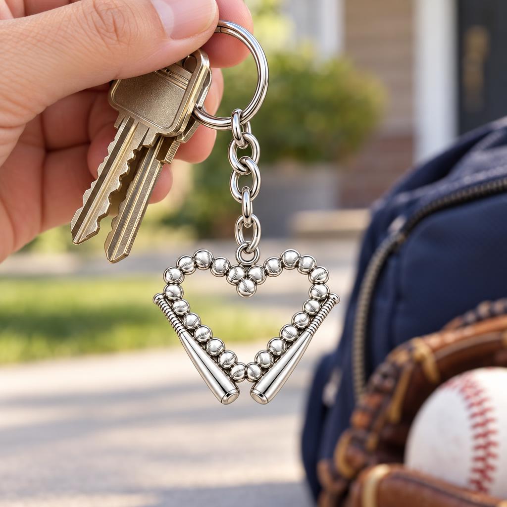 Baseball Heart and Bats Charm Keychain – worn / in use