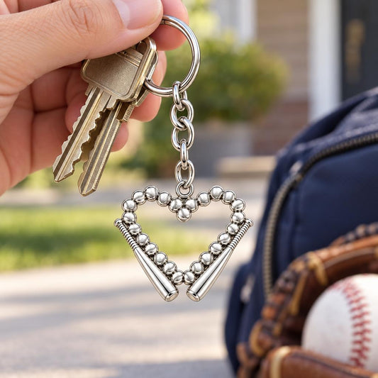Baseball Heart and Bats Charm Keychain – worn / in use