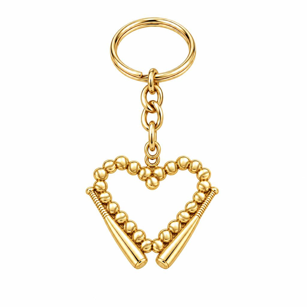 Baseball Heart and Bats Charm Keychain – 18K gold, front view