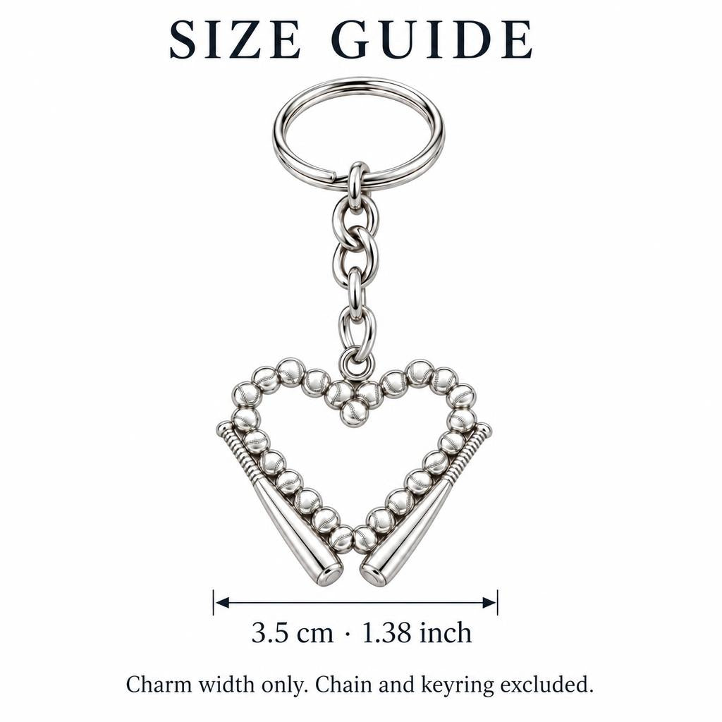Baseball Heart and Bats Charm Keychain – size guide, 3.5 cm (1.38 in) charm, chain and keyring excluded