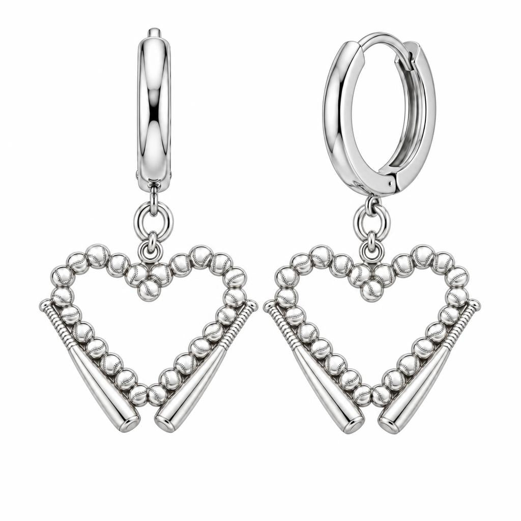 Baseball Heart and Bats Huggie Charm Earrings – silver, front view