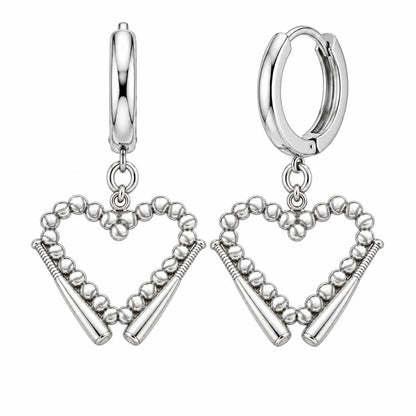 Baseball Heart and Bats Huggie Charm Earrings – silver, front view