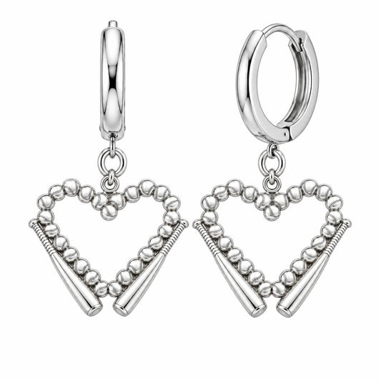 Baseball Heart and Bats Huggie Charm Earrings – silver, front view