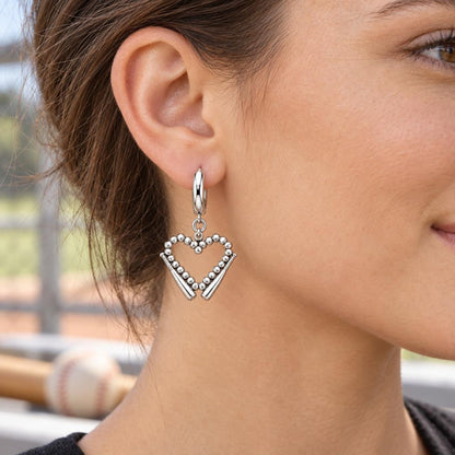 Baseball Heart and Bats Huggie Charm Earrings – worn / in use