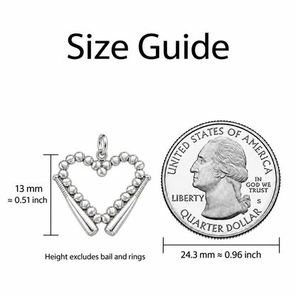 Baseball Heart and Bats Huggie Charm Earrings – size guide, 13 mm charm next to a quarter