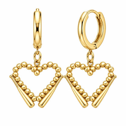 Baseball Heart and Bats Huggie Charm Earrings – 18K gold, front view
