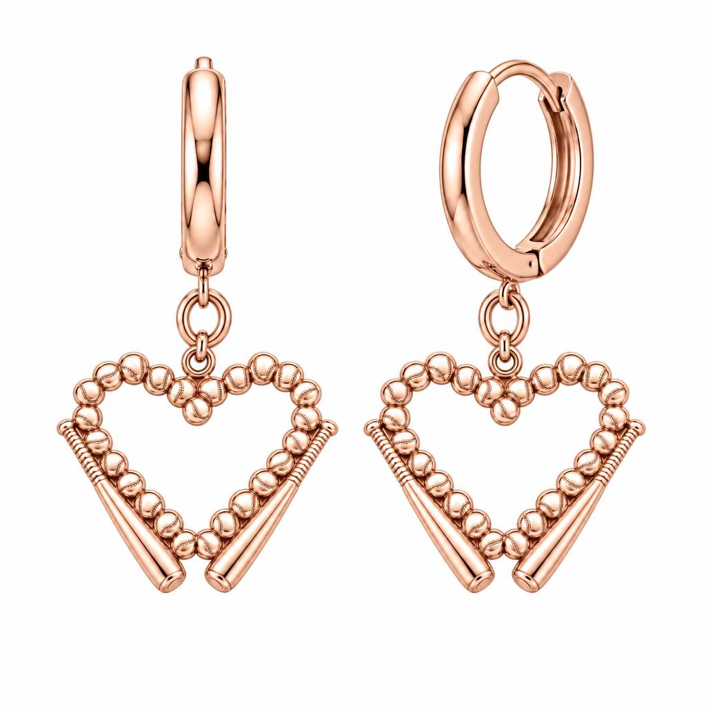Baseball Heart and Bats Huggie Charm Earrings – rose gold, front view