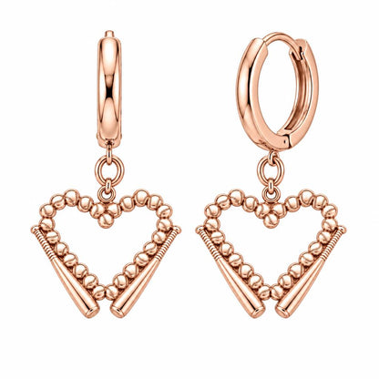Baseball Heart and Bats Huggie Charm Earrings – rose gold, front view