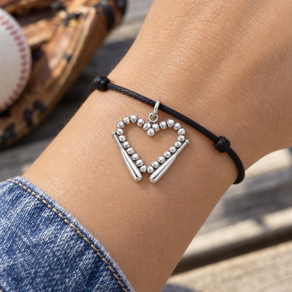 Baseball Heart Charm Bracelet – Personalized Baseball Mom Gift – worn on the wrist on a black cord bracelet