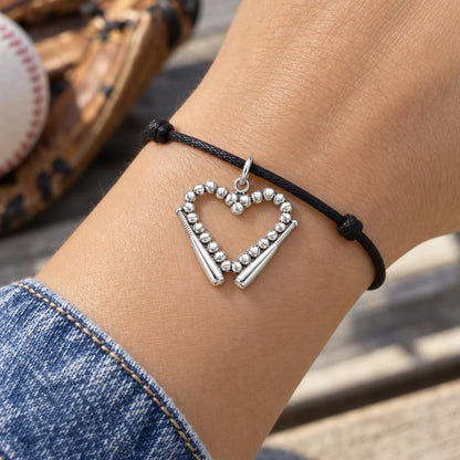 Baseball Heart Charm Bracelet – Personalized Baseball Mom Gift – worn on the wrist on a black cord bracelet