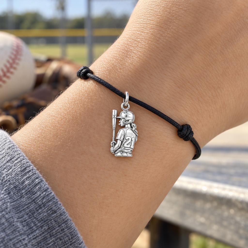 Baseball Lover Charm Bracelet – Personalized Gift – worn on the wrist on a black cord bracelet