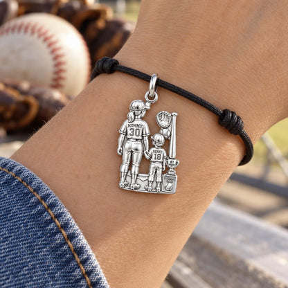 Baseball Mom and Me Charm Bracelet – Personalized Mom Gift – worn on the wrist on a black cord bracelet