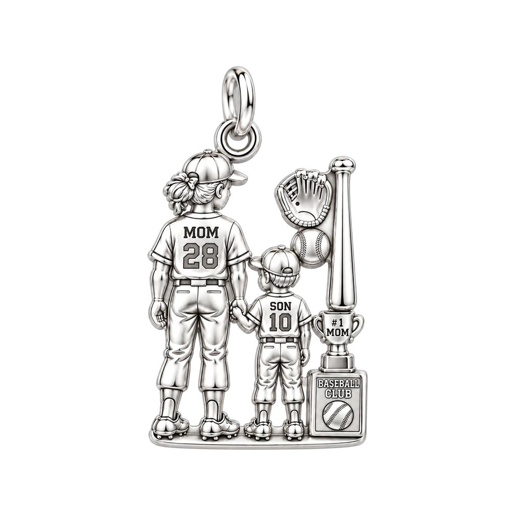 Baseball Mom and Son Charm Bracelet – Personalized Mom Gift – silver plated 3 cm charm, front view