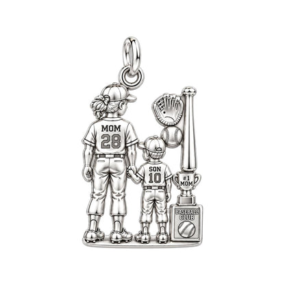Baseball Mom and Son Charm Bracelet – Personalized Mom Gift – silver plated 3 cm charm, front view
