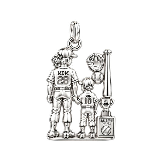 Baseball Mom and Son Charm Bracelet – Personalized Mom Gift – silver plated 3 cm charm, front view