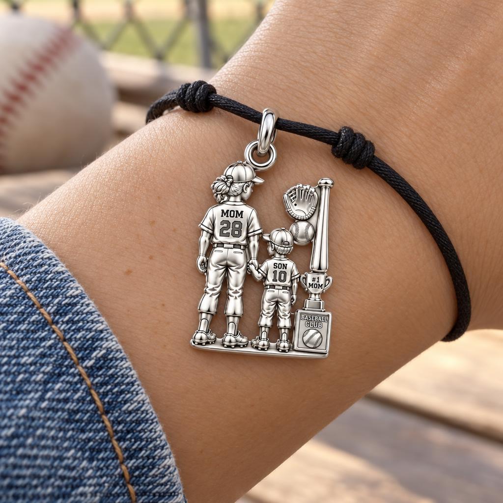 Baseball Mom and Son Charm Bracelet – Personalized Mom Gift – worn on the wrist on a black cord bracelet