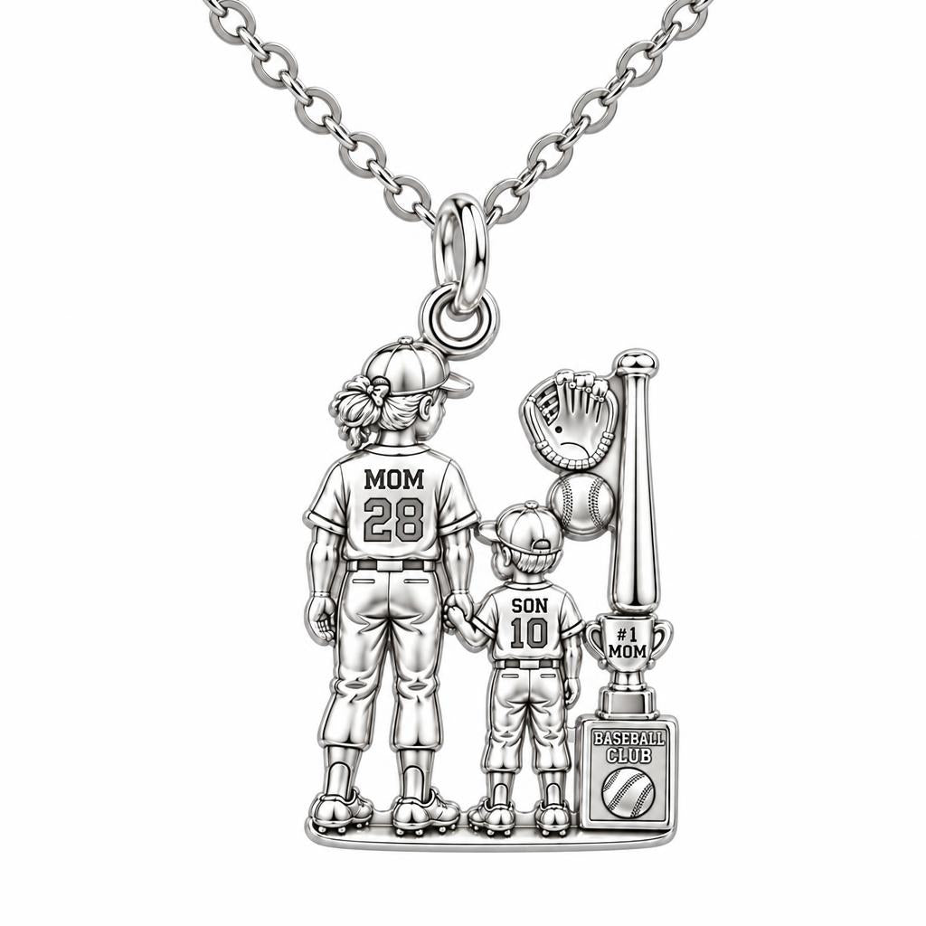 Baseball Mom and Son Charm Necklace Set – silver, front view