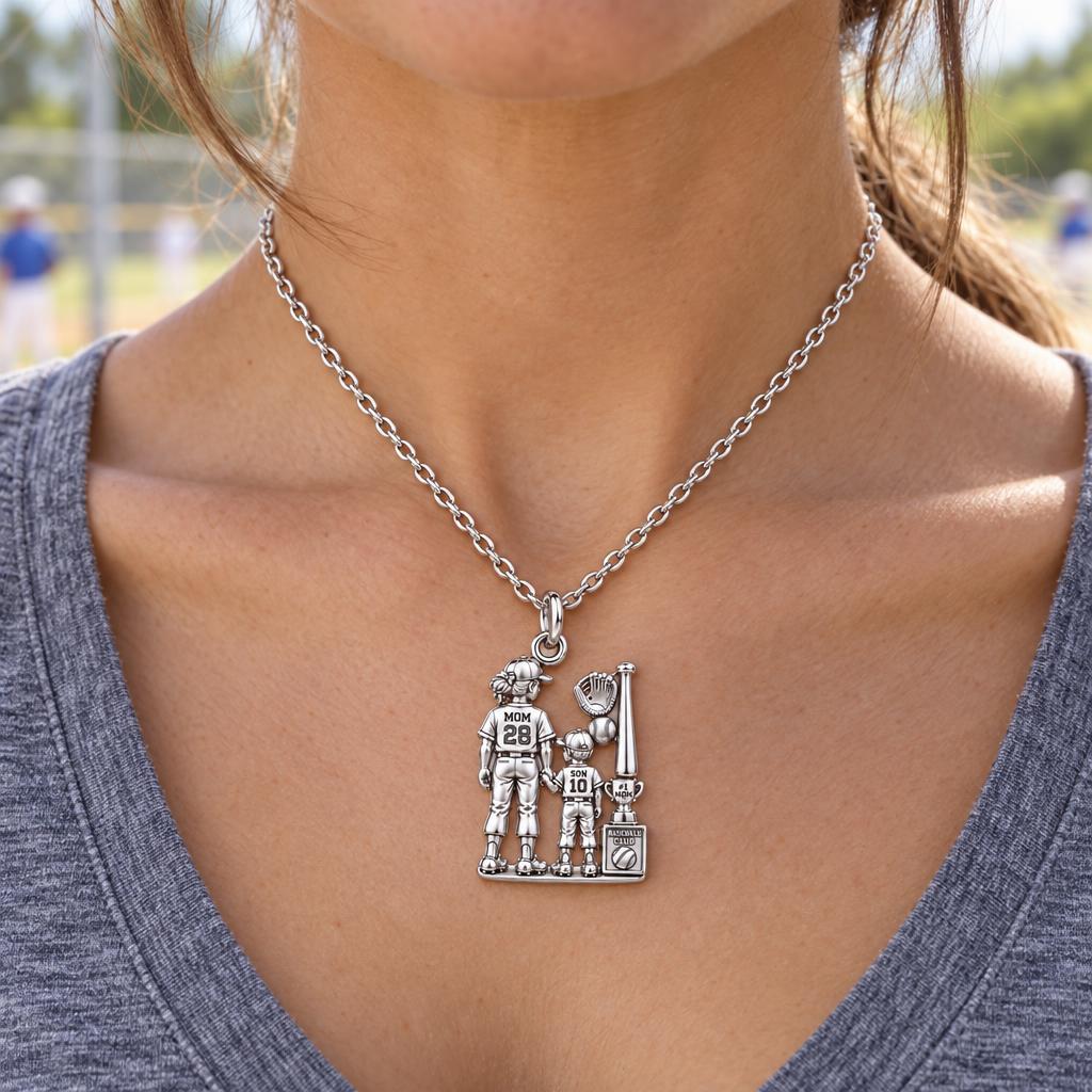 Baseball Mom and Son Charm Necklace Set – worn / in use