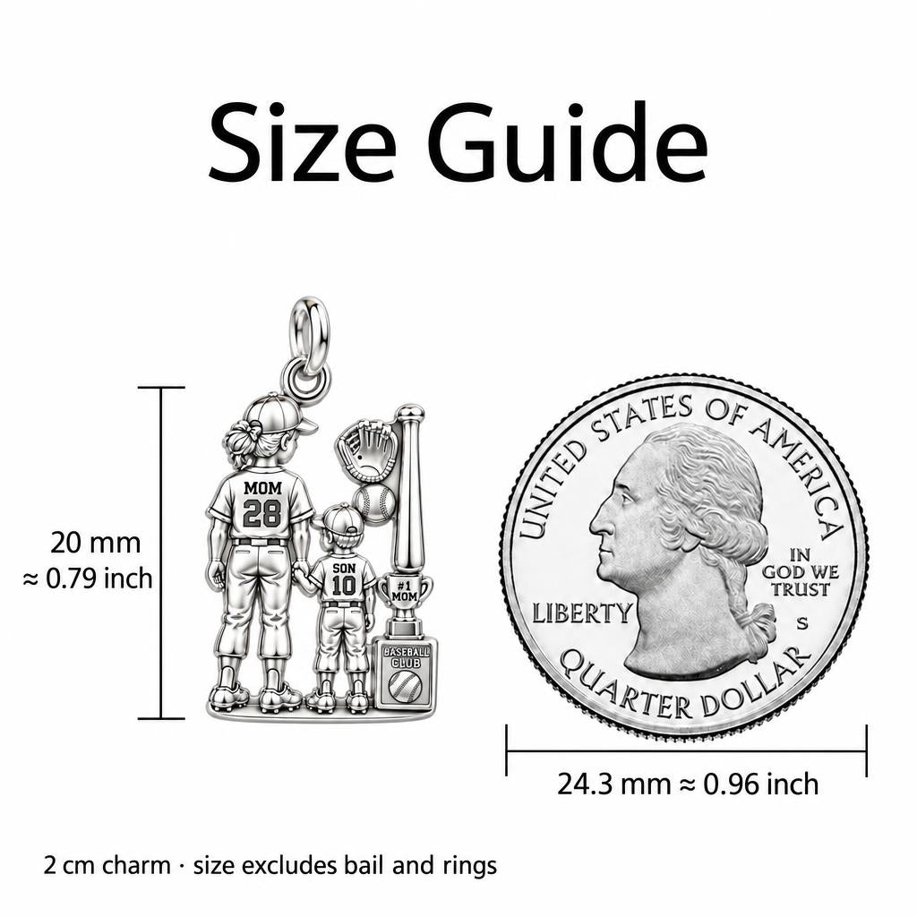 Baseball Mom and Son Charm Necklace Set – size guide, 13 mm charm next to a quarter