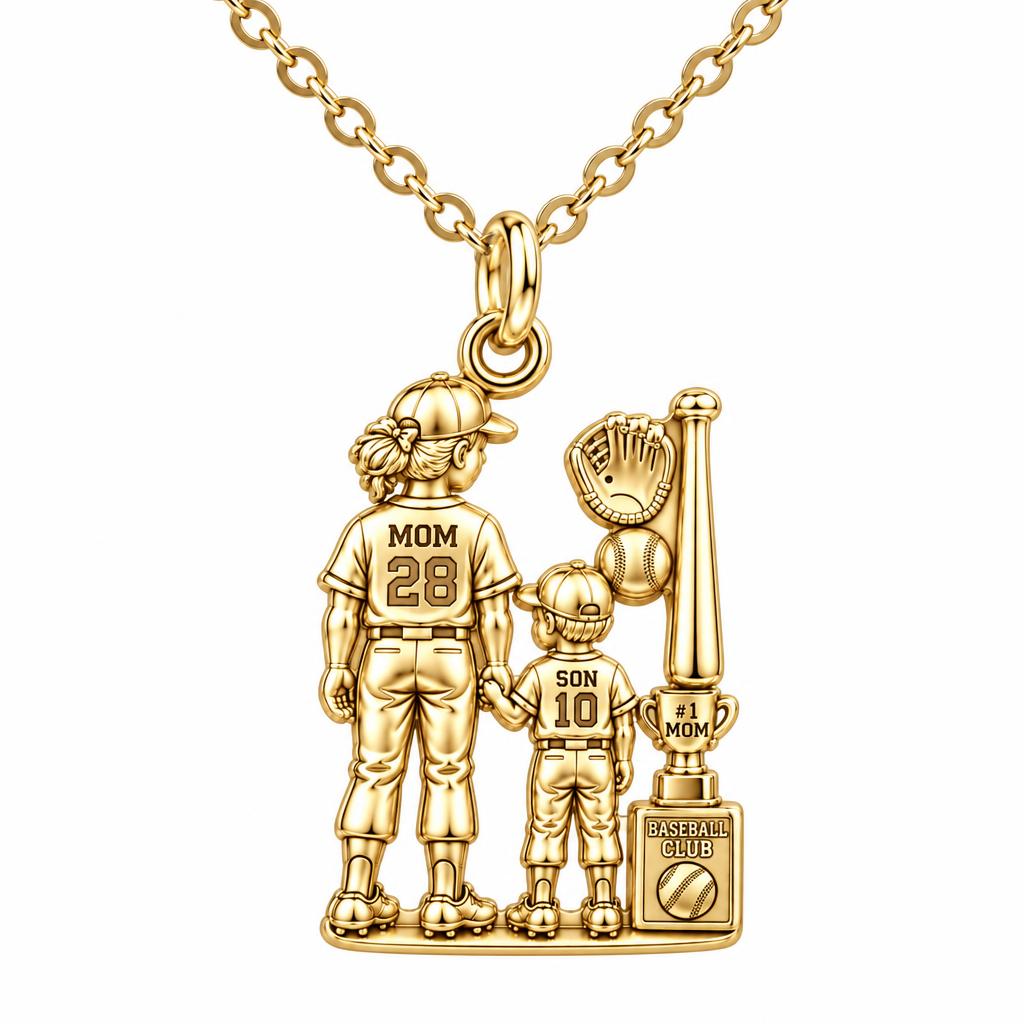 Baseball Mom and Son Charm Necklace Set – 18K gold, front view