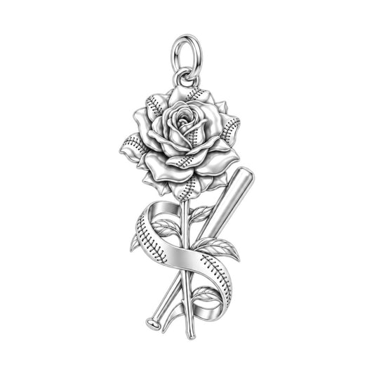 Baseball Stitched Rose Charm Bracelet – Personalized Mom Gift – silver charm, front view