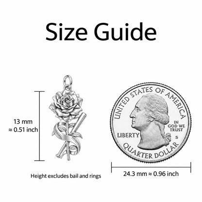 Baseball Stitched Rose Charm Bracelet – Personalized Mom Gift – size guide, 13 mm charm next to a quarter