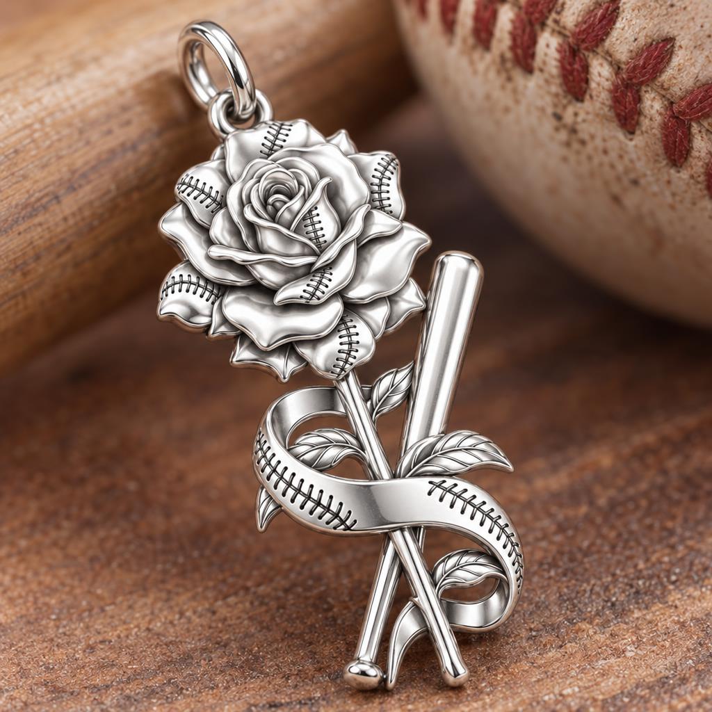 Baseball Stitched Rose Charm Bracelet – Personalized Mom Gift – macro detail of the charm