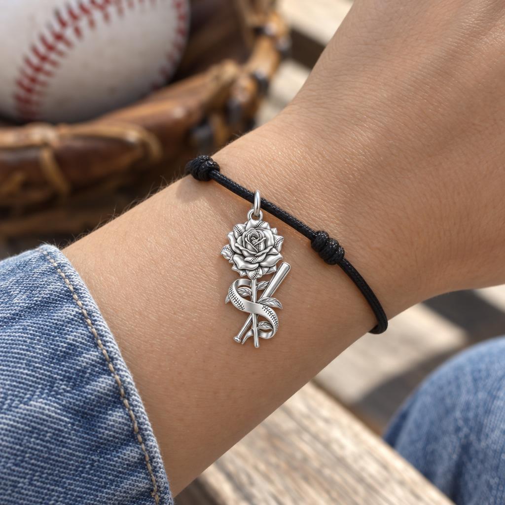 Baseball Stitched Rose Charm Bracelet – Personalized Mom Gift – worn on the wrist on a black cord bracelet