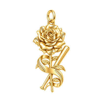 Baseball Stitched Rose Charm Bracelet – Personalized Mom Gift – 18K gold charm, front view