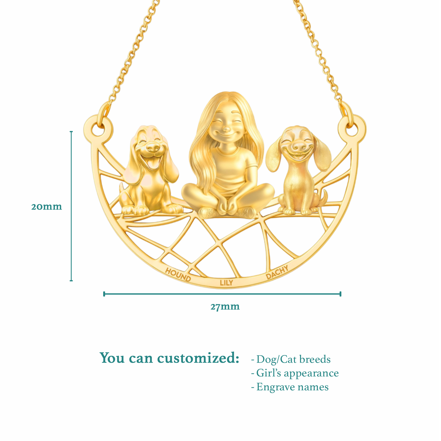 Soulyshine Personalized Girl And Her Pets Necklace - Basset Hound/Dachshund