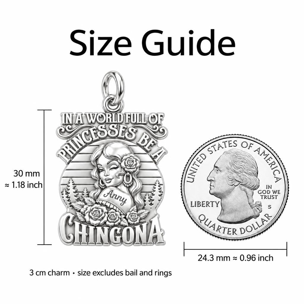 Be A Chingona Charm Bracelet – Personalized Latina Gift – size guide, 3 cm charm next to a quarter