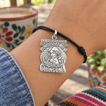 Be A Chingona Charm Bracelet – Personalized Latina Gift – worn on the wrist on a black cord bracelet