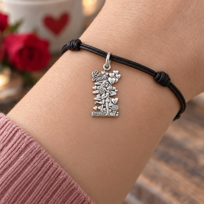 Be Mine Sweethearts Charm Bracelet – Personalized Couple Gift – worn on the wrist on a black cord bracelet